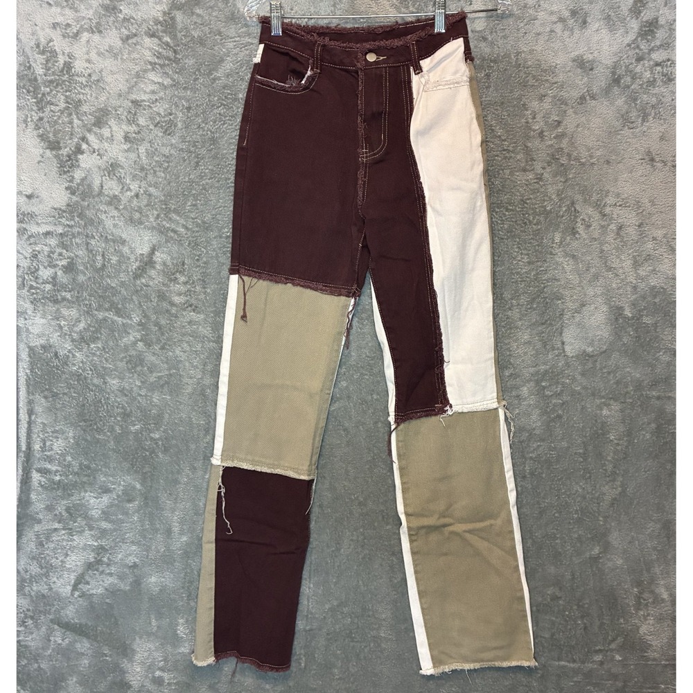 Womens High Rise Colorblock Patchwork Relaxed Fit Jeans XS Grunge Y2K Indie Boho